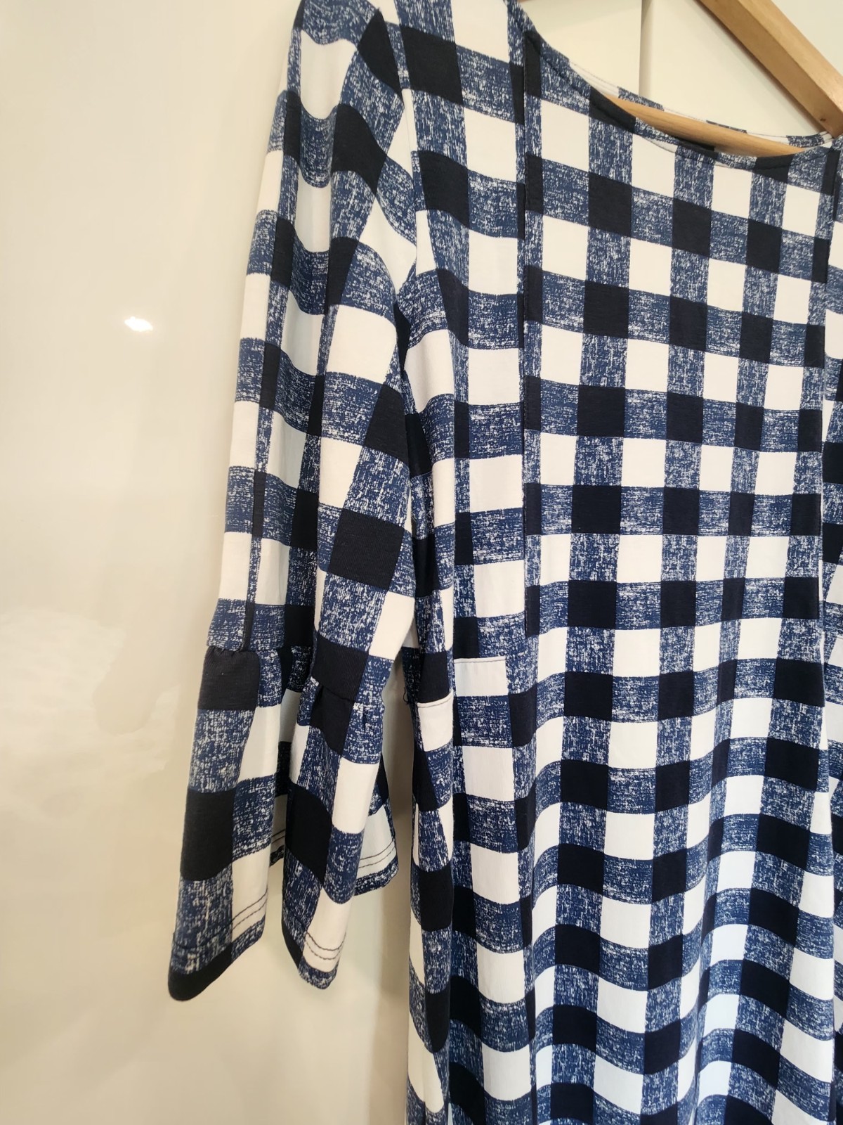 Duffield Lane Gingham Shift Dress Navy Blue White Bell Sleeve Boat Neck Size M