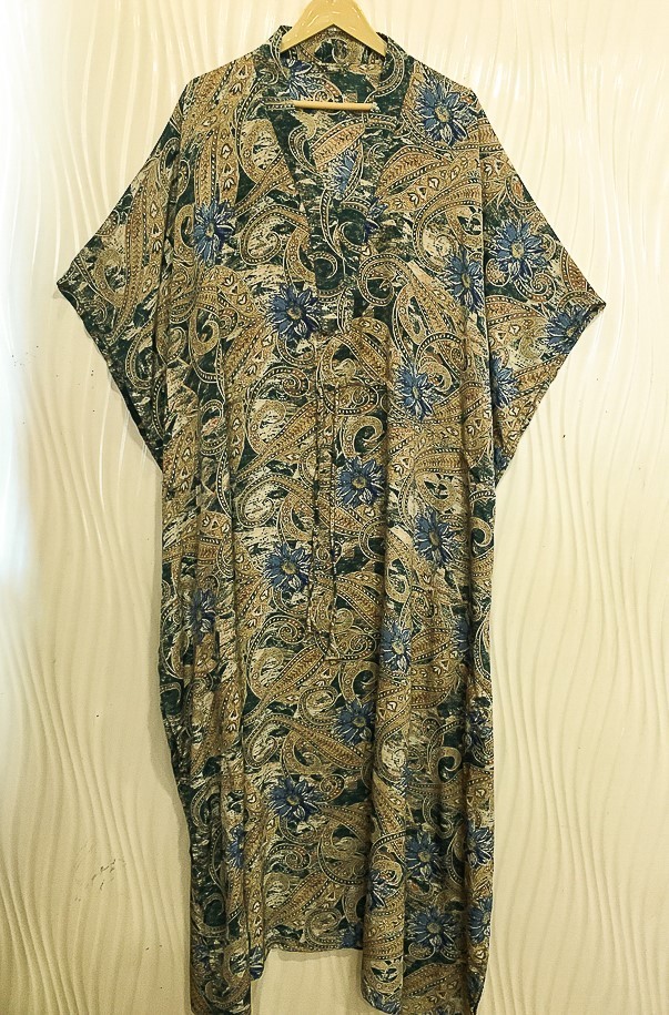 Silk Green Kaftan / Handmade Flowy Maxi Dress / Resort Wear Outfit MFN1077