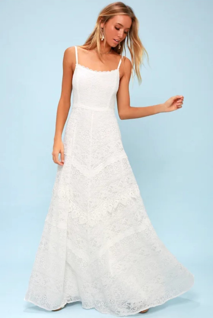 Lulus White Lace Backless Maxi Dress Sz XS Romantic Bridal Shower Cottagecore