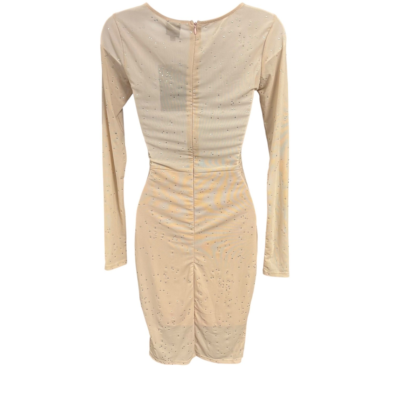Nude Rhinestone Long Sleeve Small Mesh Mini Dress Bodycon Party Homecoming