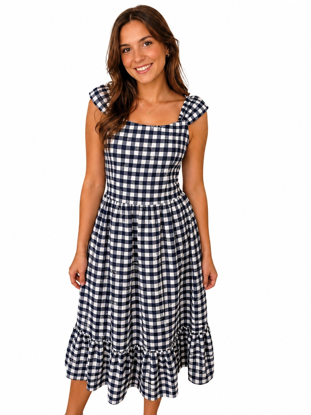 Blueberi Boulevard Navy Gingham Embroidered Midi Dress Bow Back Cottagecore Med