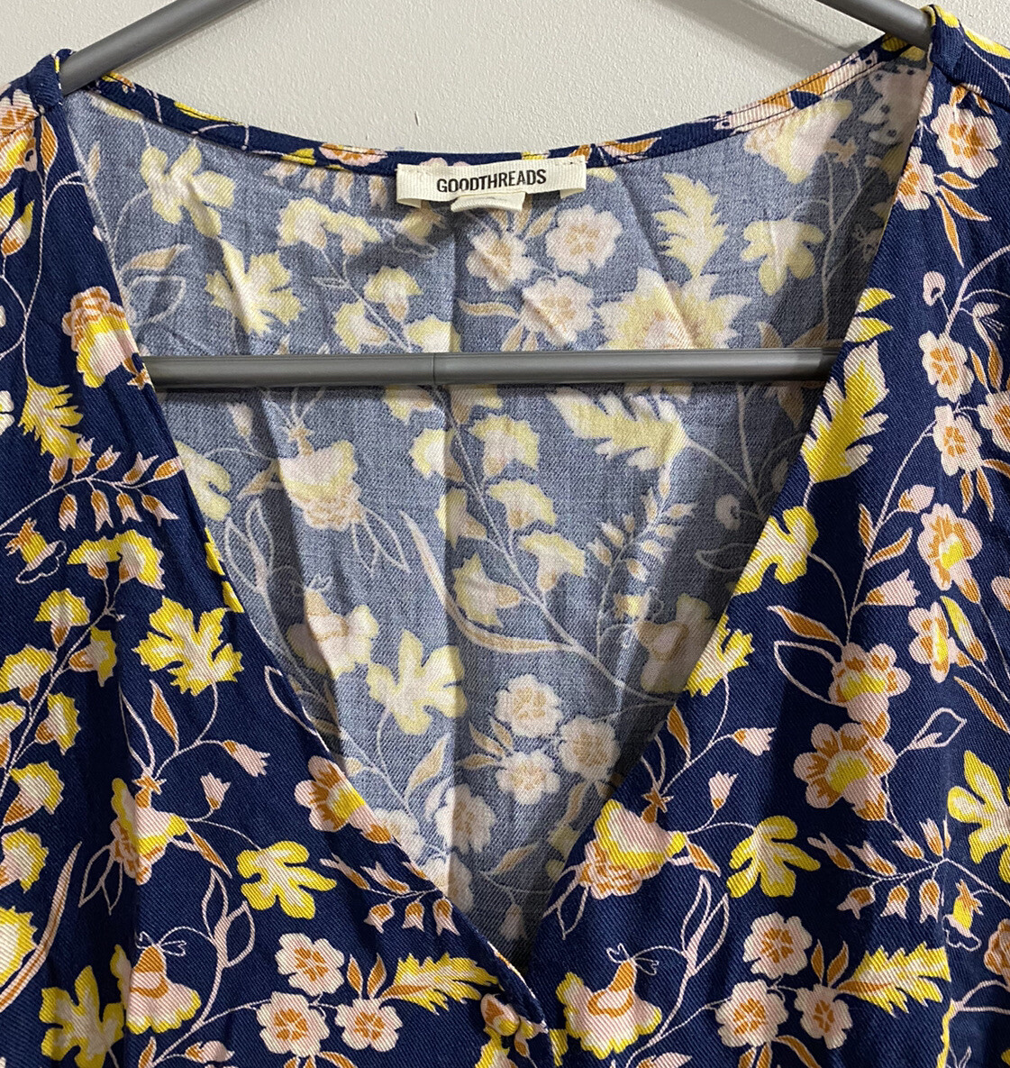 Goodthreads Women’s Tulip Sleeve Button Down Dress Blue With Wildflowers Small