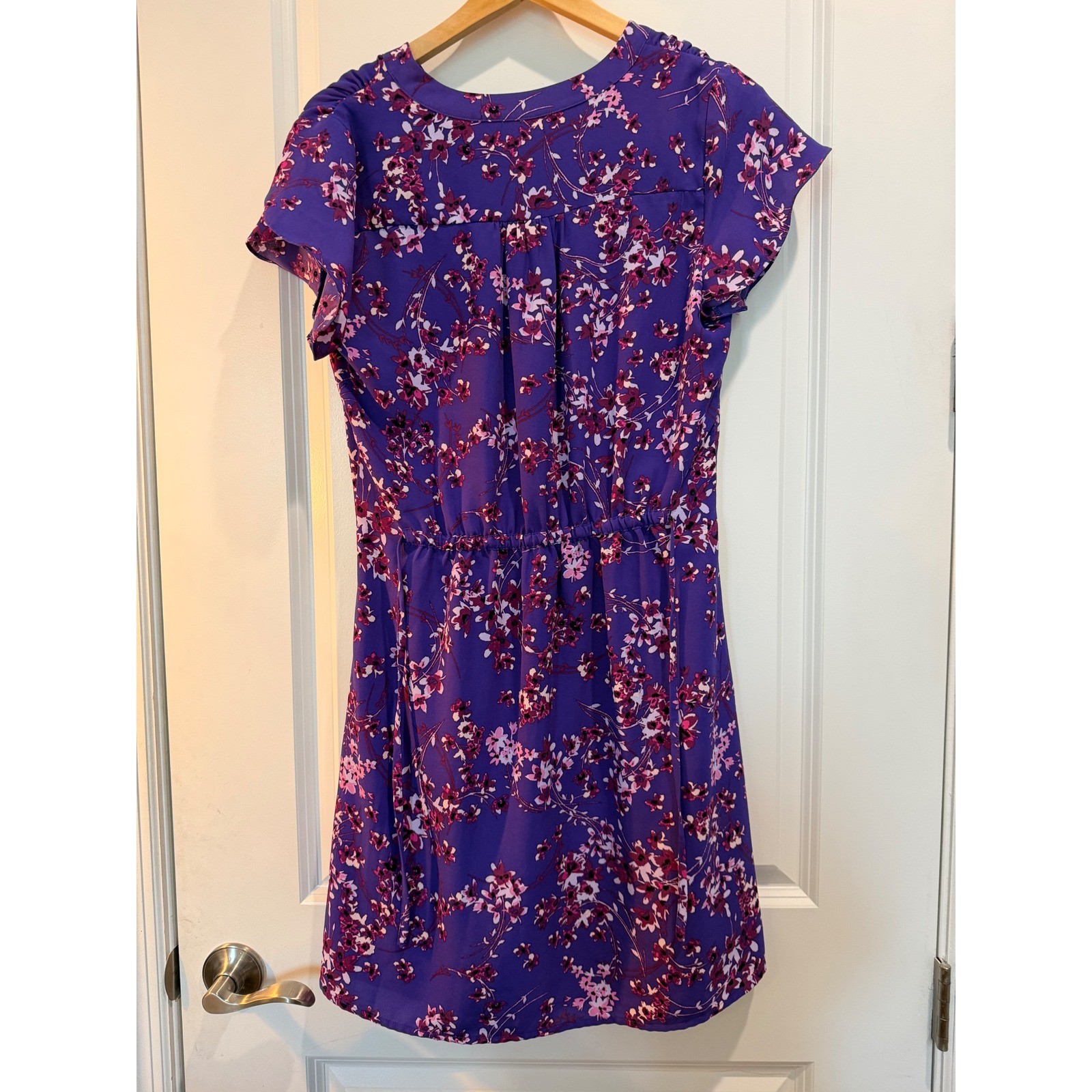 41 Hawthorn Purple Floral Flutter Sleeve Elastic Waist Dress WGW70258 Medium