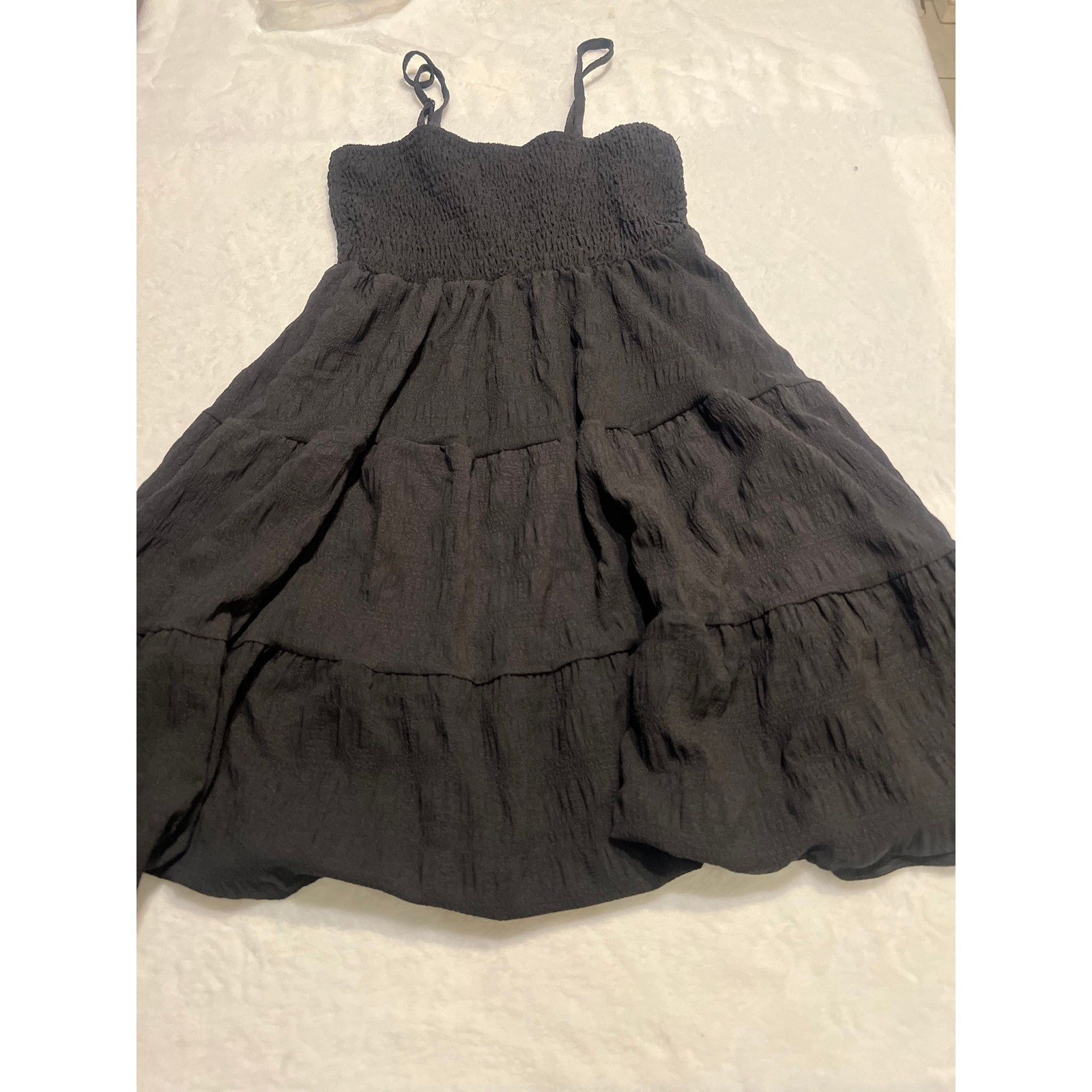 Black Smocked Tiered Mini Dress Textured Crinkle Adjustable Straps Small