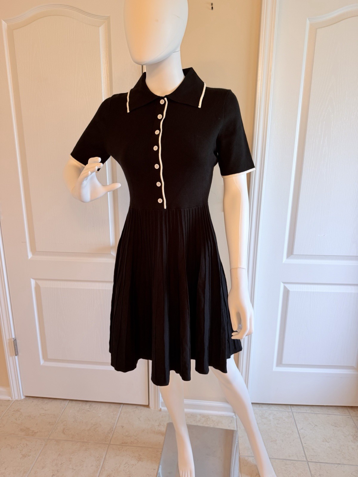 NEW Polo-Collar Short Sleeve Pleated Summer Ribbed Knit Midi Dress Size S