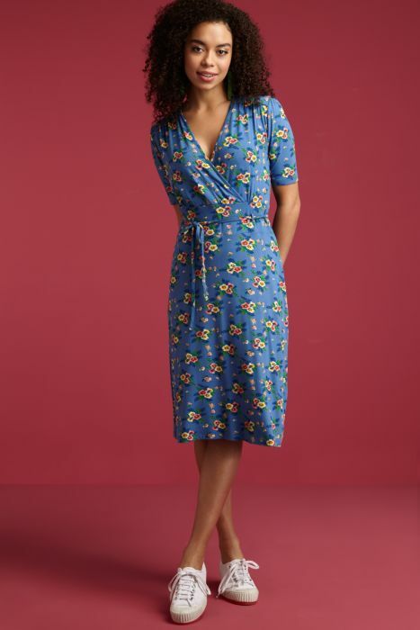 King Louie 03673 A-Line Blu Viscose Blend Floral Short Sleeve V-neck Dress