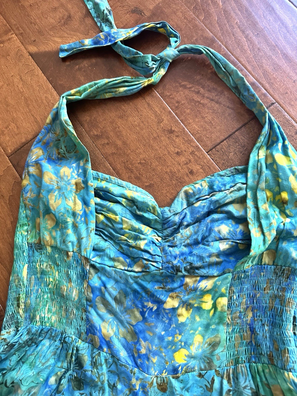 Pineapples Hawaii XL Beaded Floral Halter Dress Blue Rayon Resort Tropical
