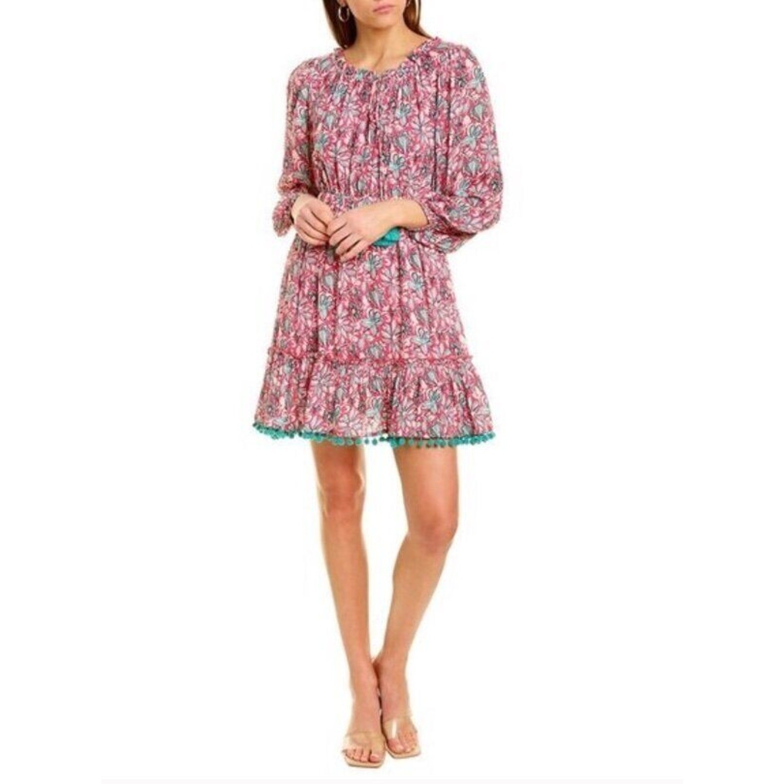CELINA MOON Sz L Large Gauze Mini Dress Floral Pink Teal Pom Pom Trim NWT