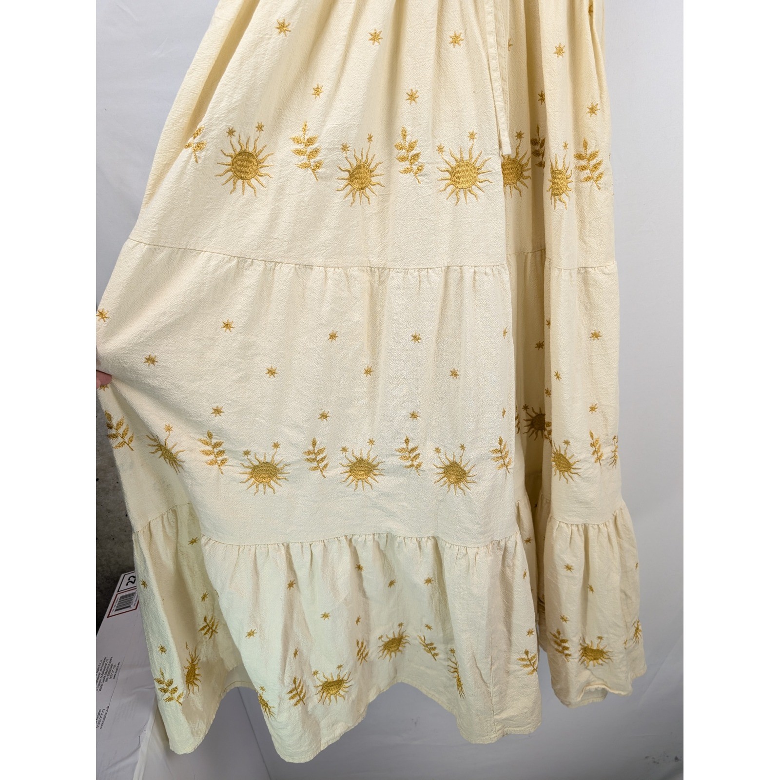Celestial Embroidered Sun Star Babydoll Peasant Maxi Dress Sz S Boho Cottagecore