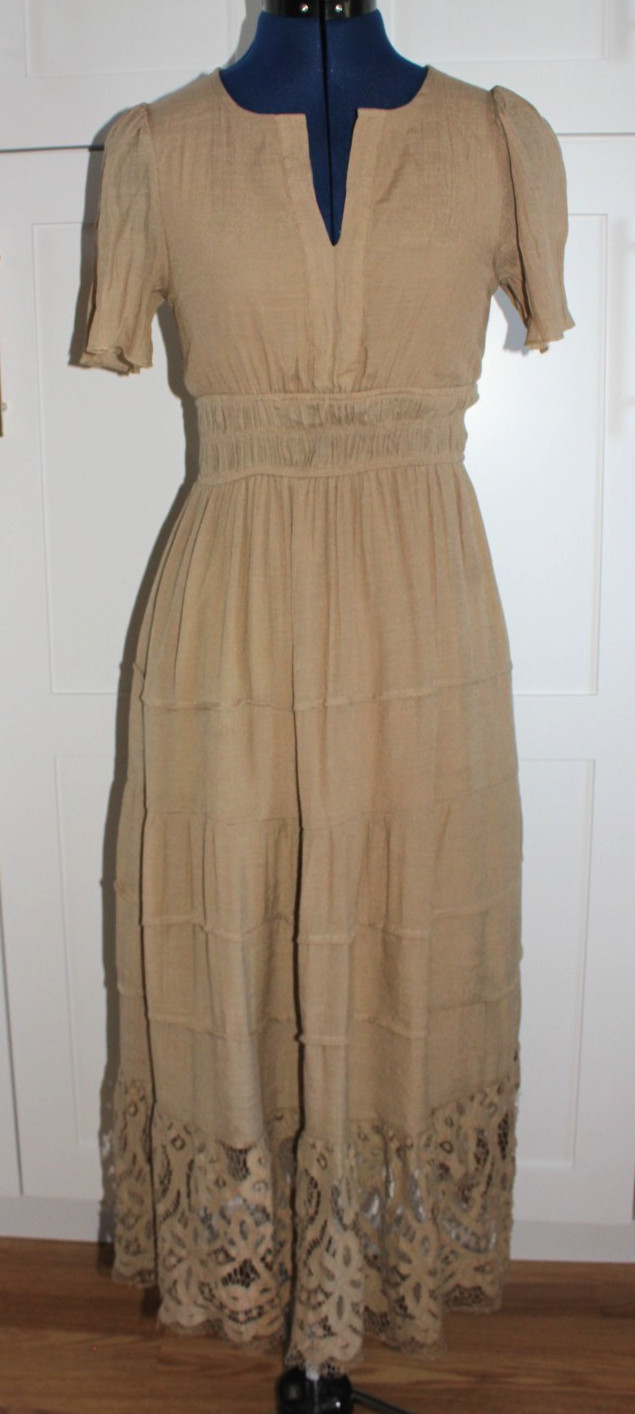 J Gee Tan Maxi Dress Petite P/S Smocked Waist Lace Hem Short Sleeve