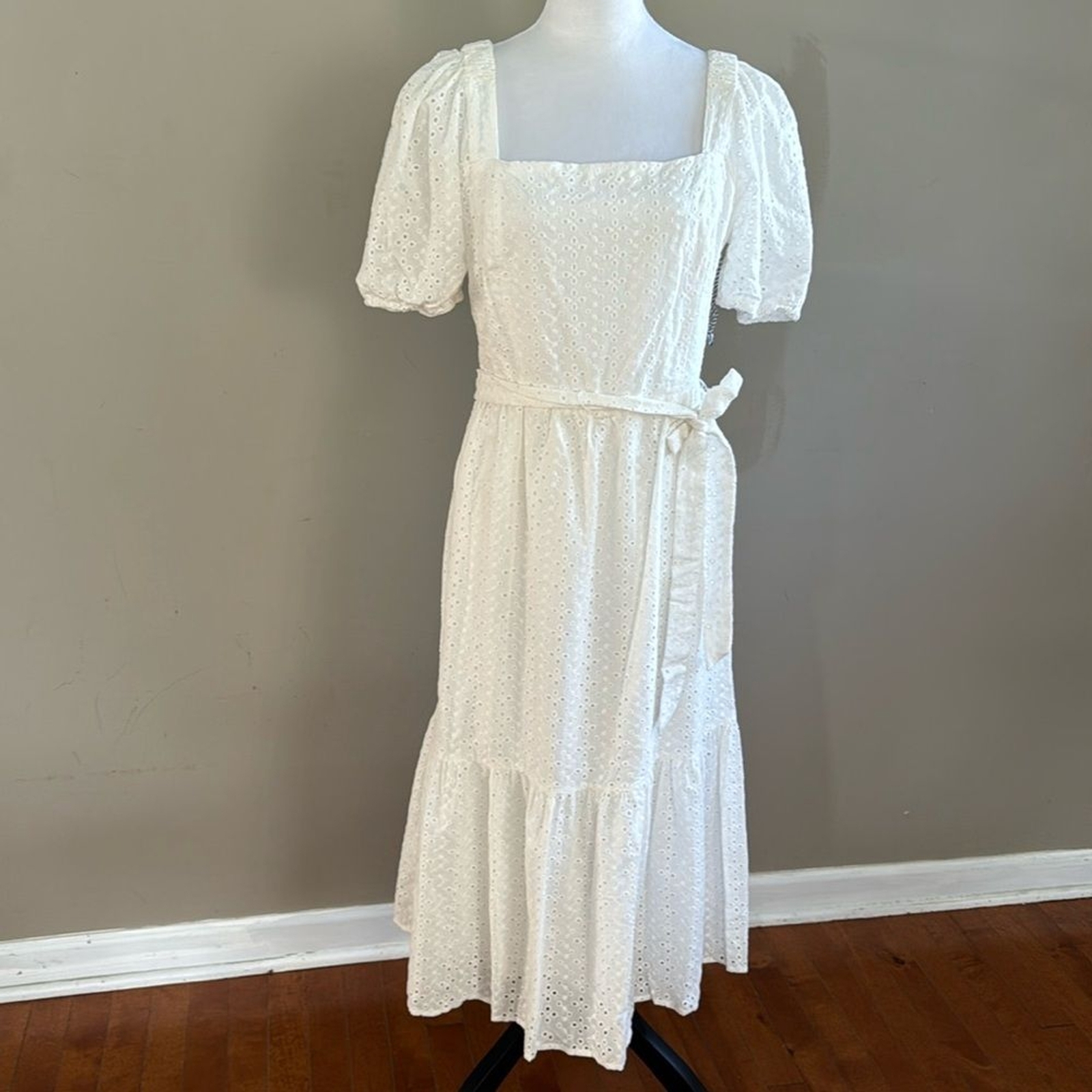 Draper James RSVP Eyelet Squareneck White Tiered Hem Midi Dress Size L