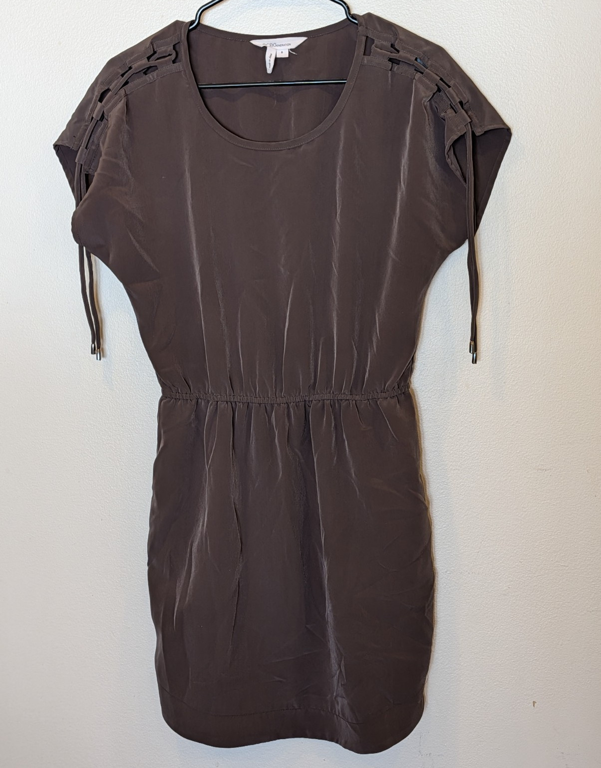 BCBGeneration Brown Solid Scoop Neck Elastic Waist Lace-Up Mini Dress S