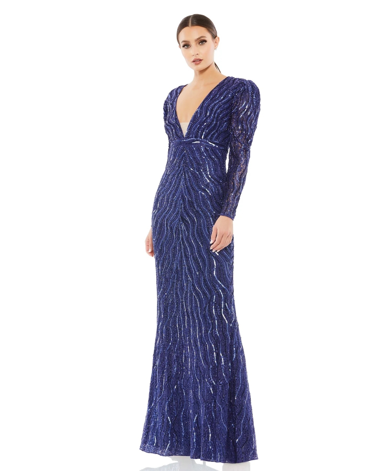 Mac Duggal 93574 Bead Puff Sleeve Trumpet Gown SZ 16 ($598) Midnight