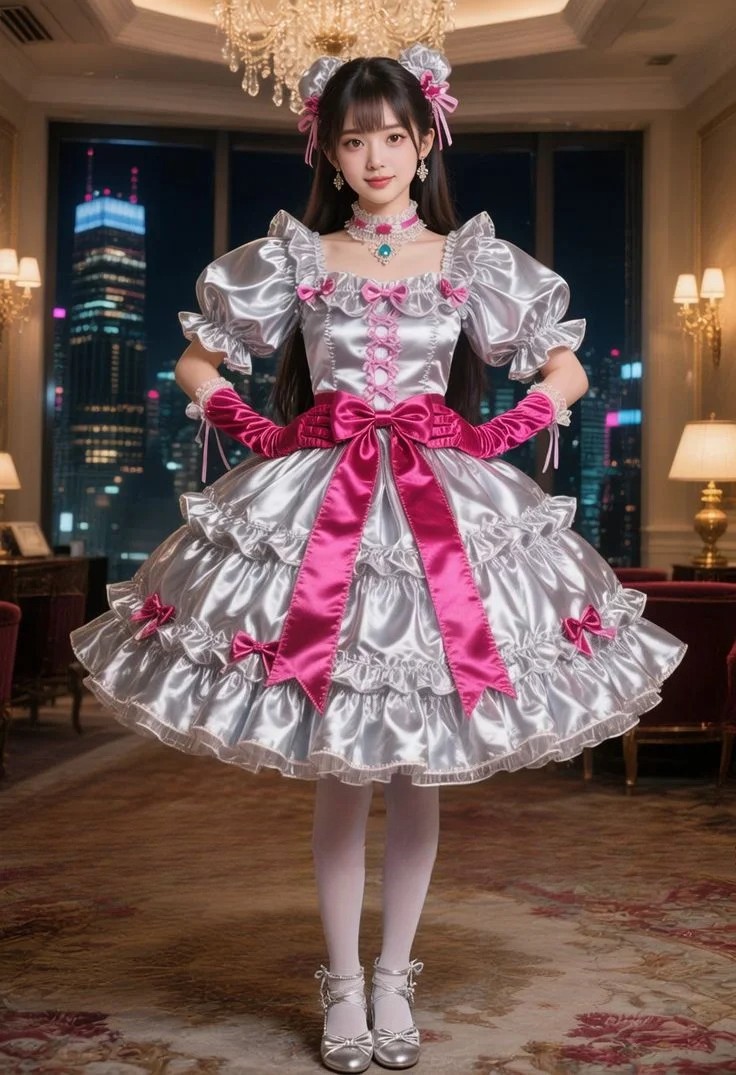 Silver and Pink Bow Corset Ball Gown Gothic Shimmering Laser-Cut Fabric Evening