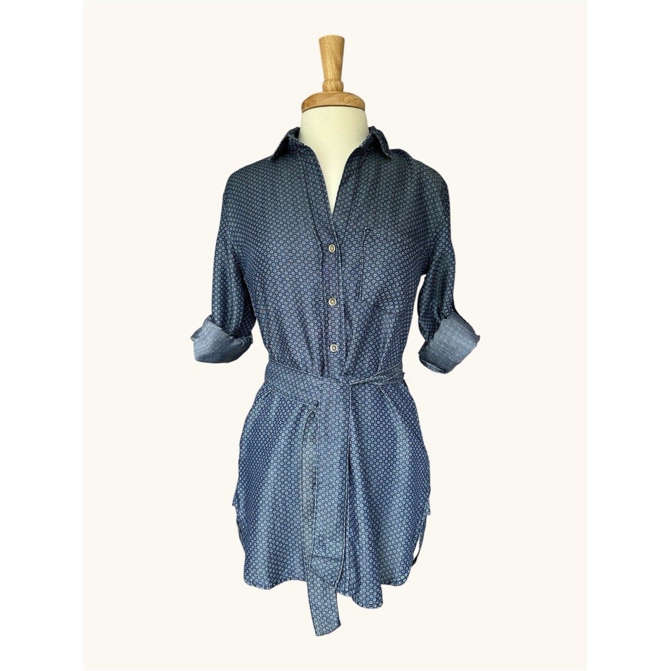 Cloth & Stone Chambray Shirt Dress Belted Button Front Blue Print XS