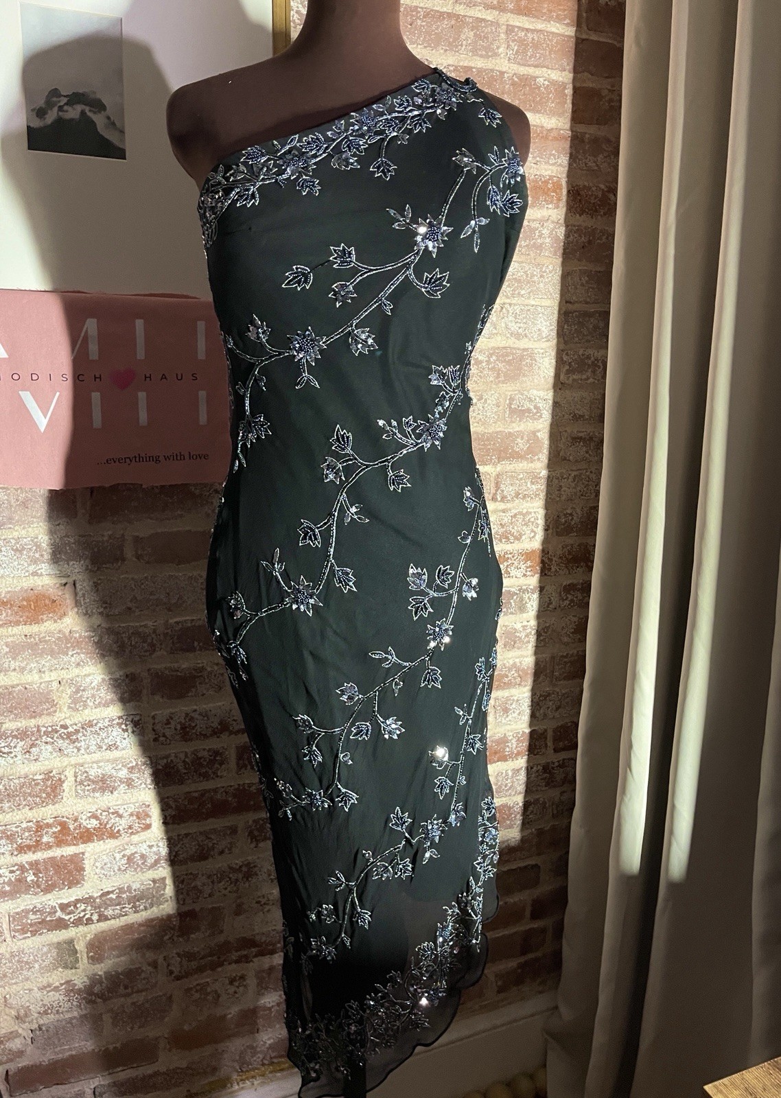 VTG Scala 100% Silk Black Blue Floral Beaded One Shoulder Strap Fairy Dress S