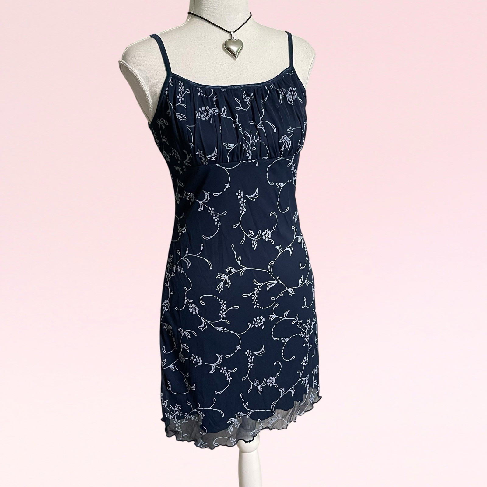 vintage y2k whimsy goth floral milkmaid navy blue mesh grunge slip party dress M