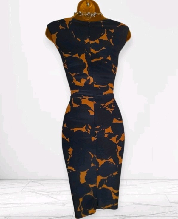 Phase Eight black fawn camel dress abstract floral ruched wiggle size 12 DEFECT