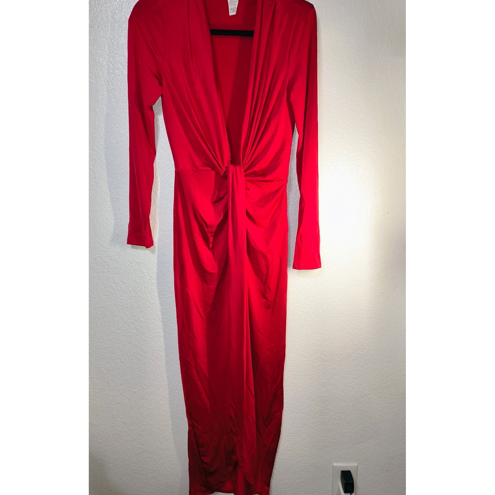 Cameo Red Deep V-Neck Knot Front Long Sleeve Maxi Dress C3436 Womens Medium (15)