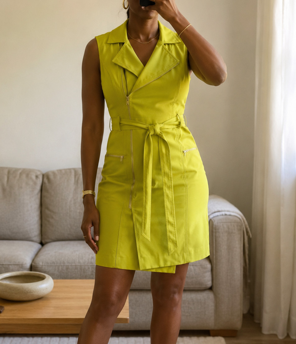 Sharagano Chartreuse Moto Dress Sleeveless Zip Belted Size 10 NWT