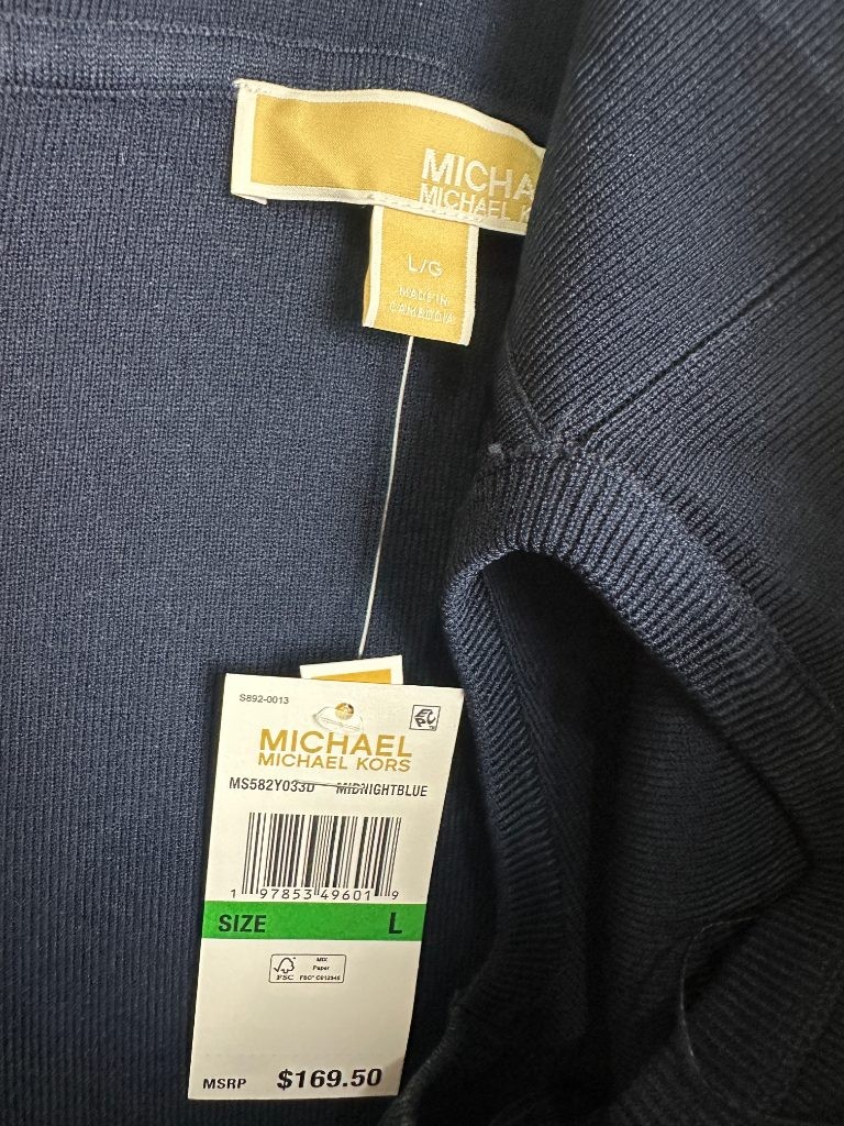 Michael Kors Sweater Dress Large Blue Off Shoulder Fold Over Midi Knit Bodycon