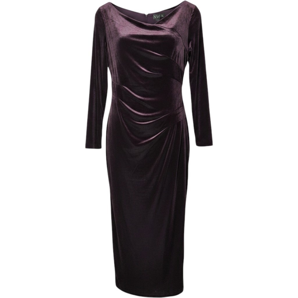 Nightway Women Maroon Velvet-like Long Sleeve Draped Evening Gown Size 12 NWT