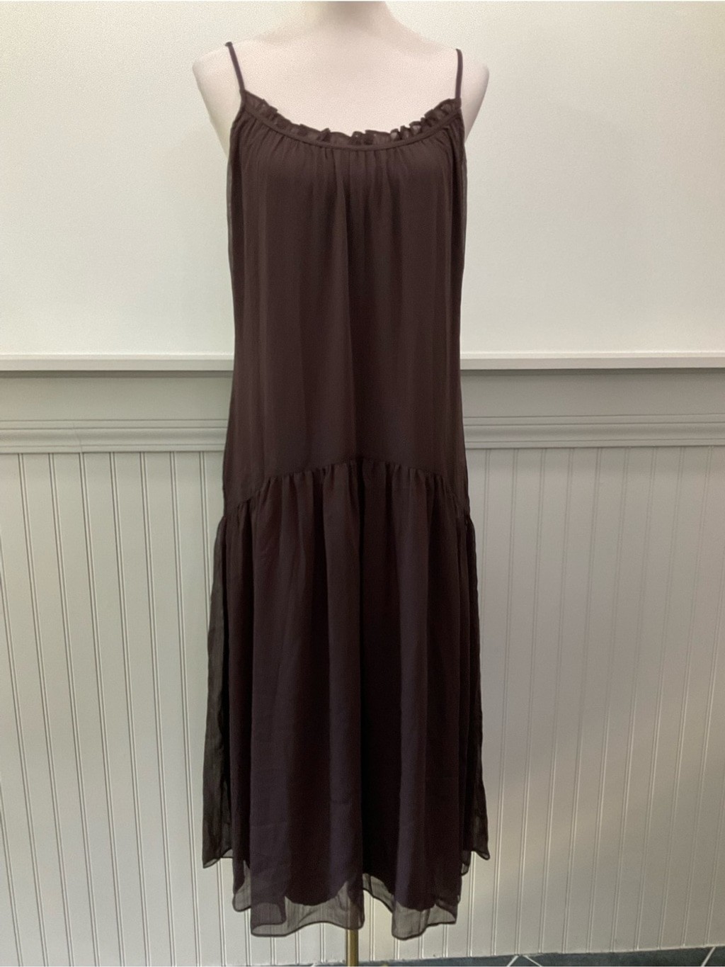 Socialite NWT Brown Chiffon Midi Dress & Sheer Bell Sleeve Overlay Set Size Med