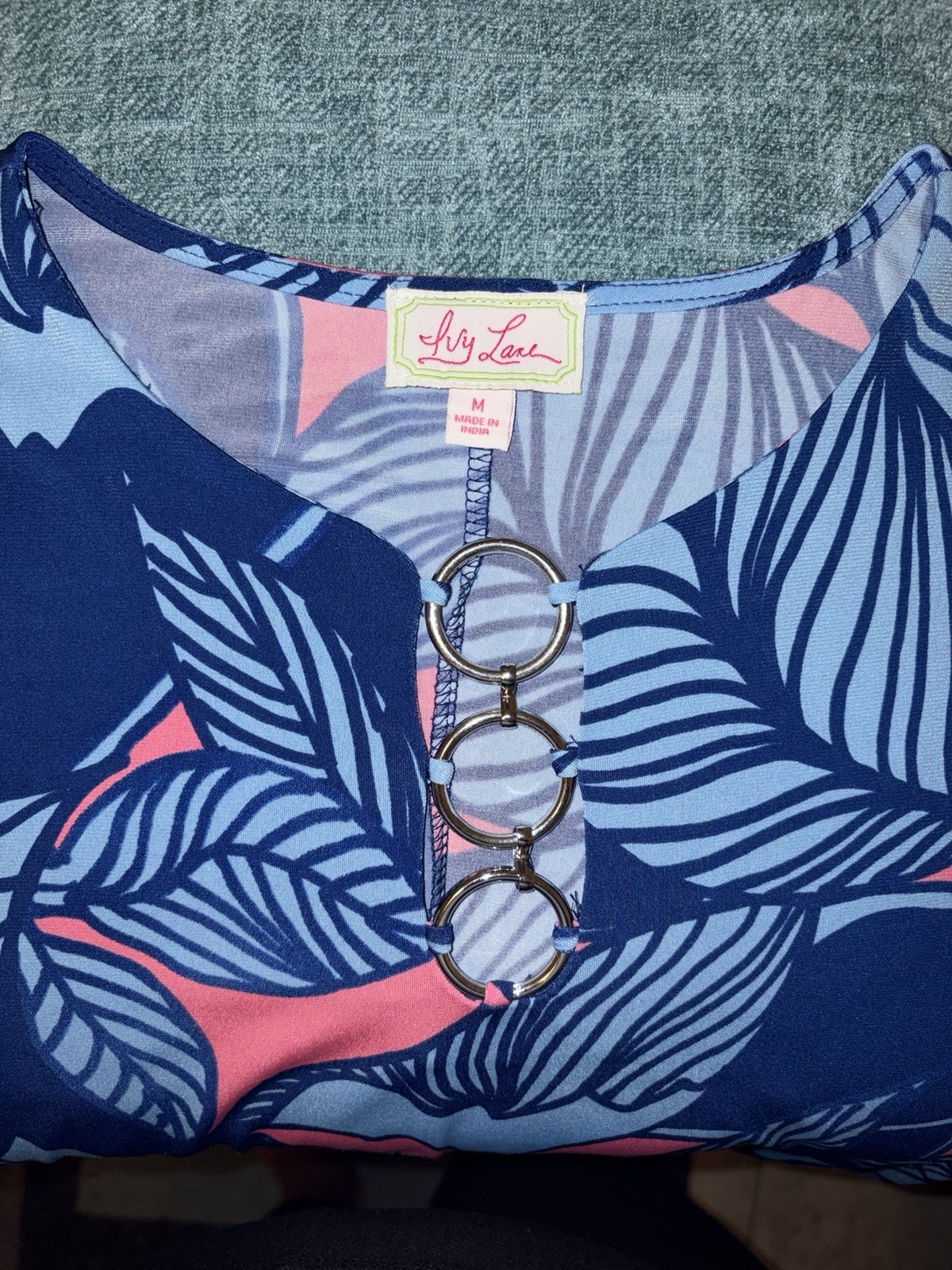Ivy Lane Blue/Pink Floral Jersey Sheath Dress M V-Neck Cap Sleeve Ring 36”Long