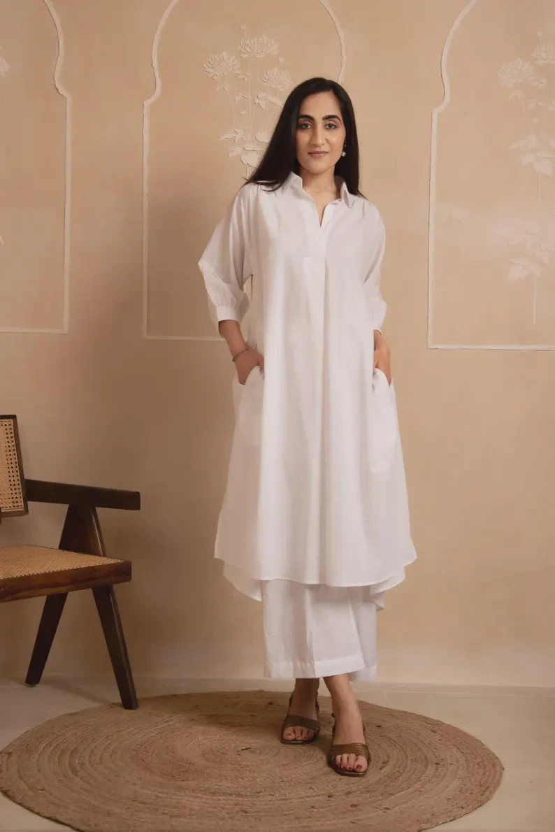White Cotton Boho Co-ord Set | Collared Kurta & Palazzo Pants Ethnic Dress