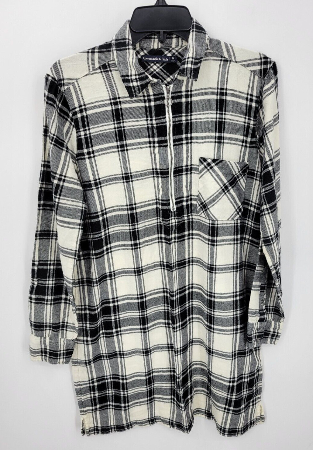 Abercrombie & Fitch Shirt Dress Womens Medium Black Ivory Plaid Flannel Zip