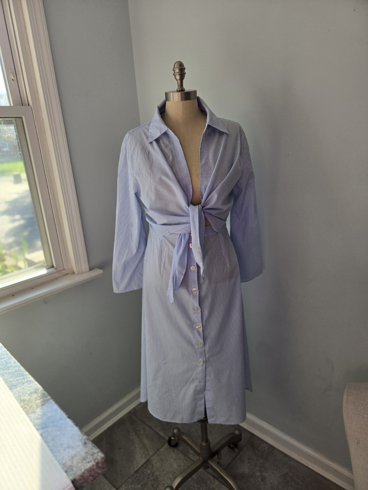 Zara Lt Blue Stripe Shirt Dress Preppy Coastal (M) Open Back At Waist