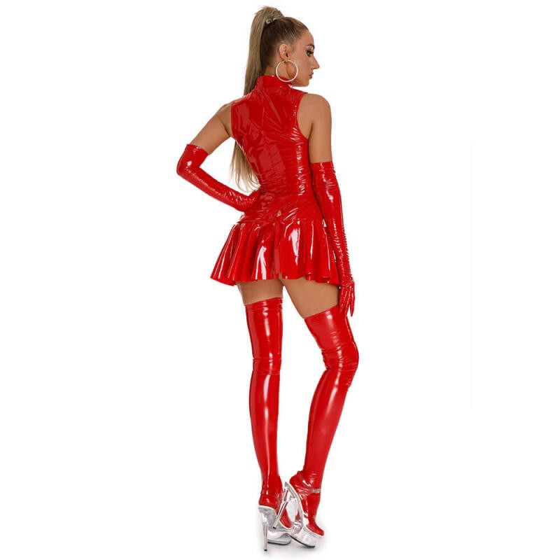 Womens Shiny Wetlook PVC Leather Bodycon Mini Dress Zipper Pleated Skirt Dresses