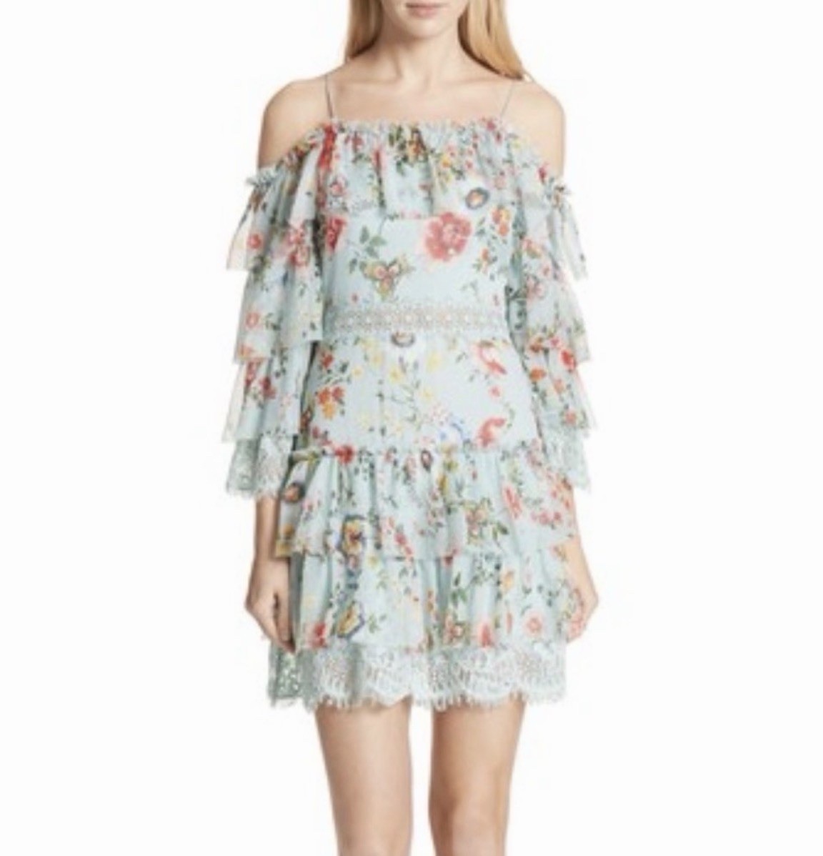 Alice + Olivia Santos Silk Floral Off Shoulder Lace Ruffle Mini Dress 4 NWT