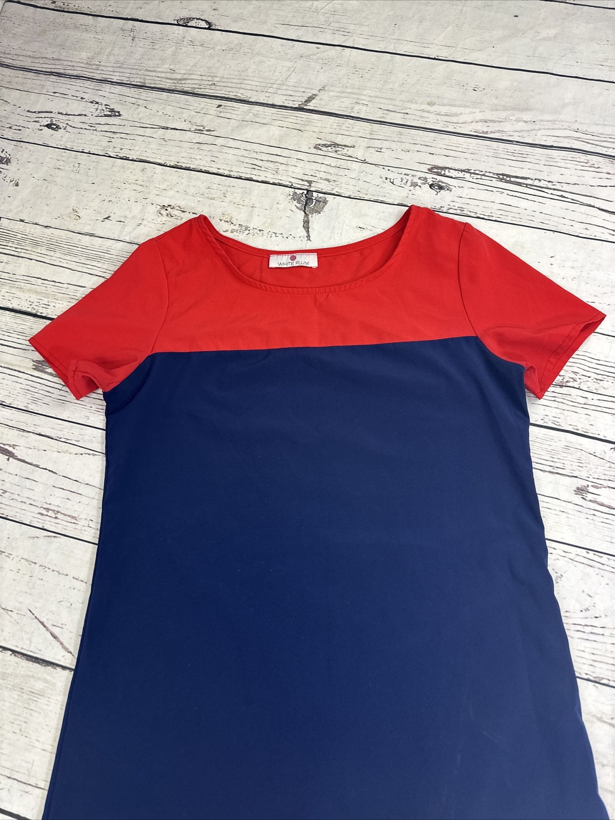 White Plum Dress Medium Red Blue Color Block Shift Mod Short Sleeve