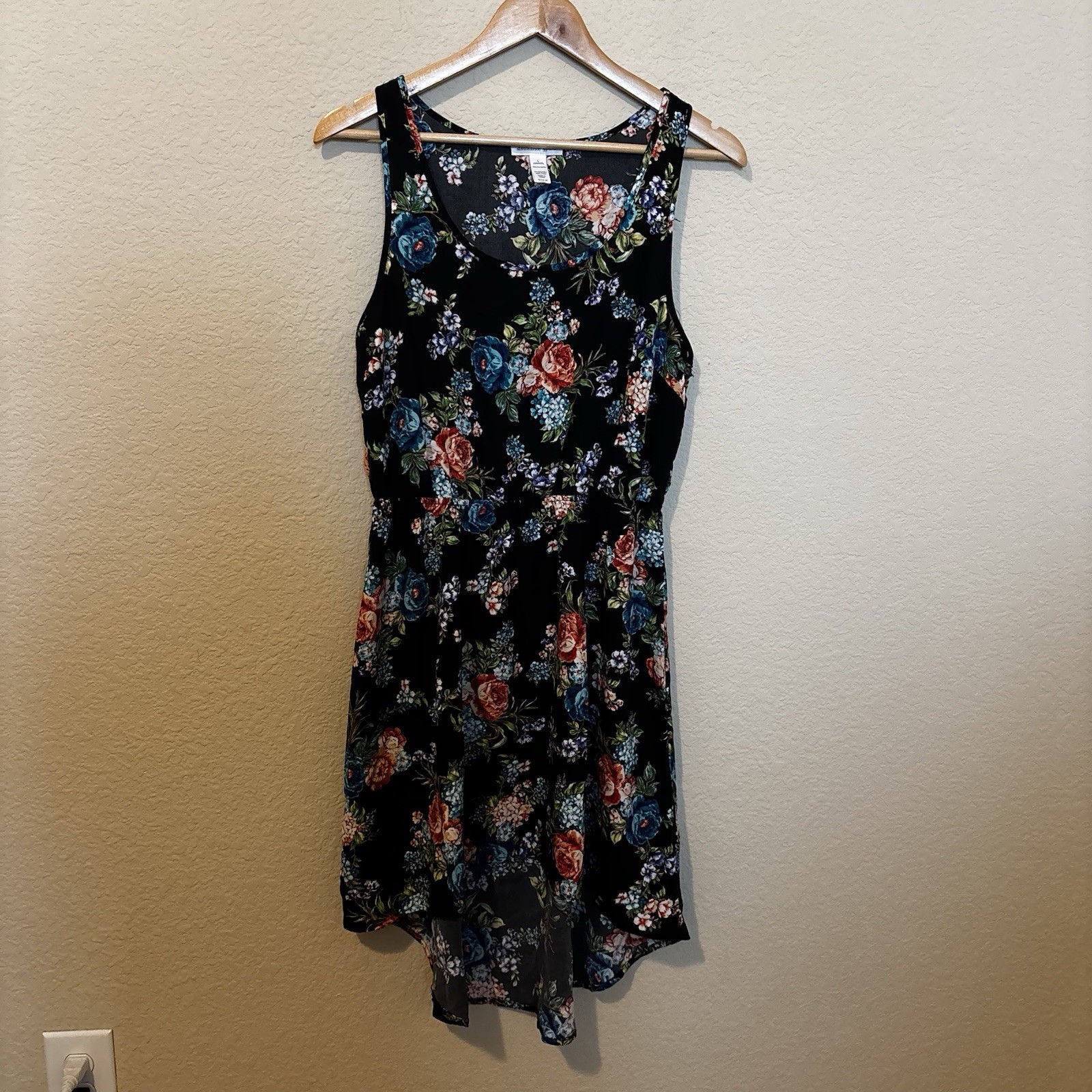 Ambiance Apparel Womens Hi-Low Hemline Black Floral Tank Dress Size Large