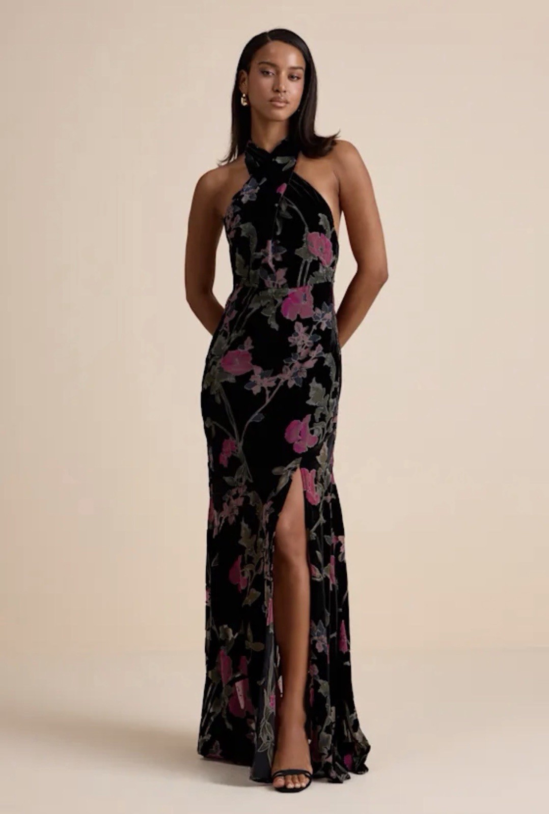 Lulus Flawlessly Gorgeous NWT size Large Black Burnout Floral Halter Maxi Dress