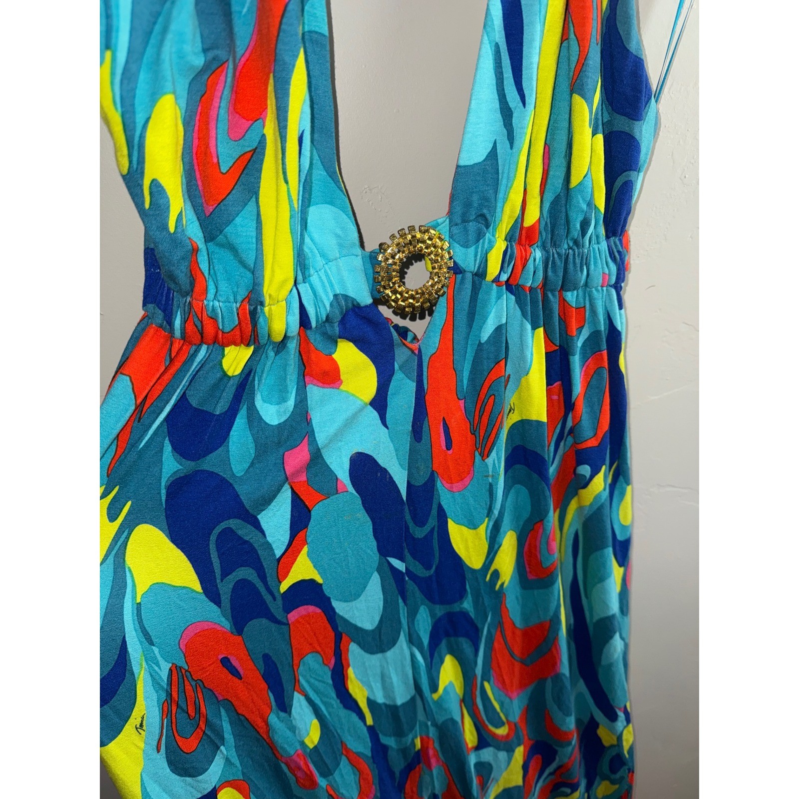 Trina Turk Halter Maxi Dress Blue Orange Swirl Print Gold Ring Detail Size 2
