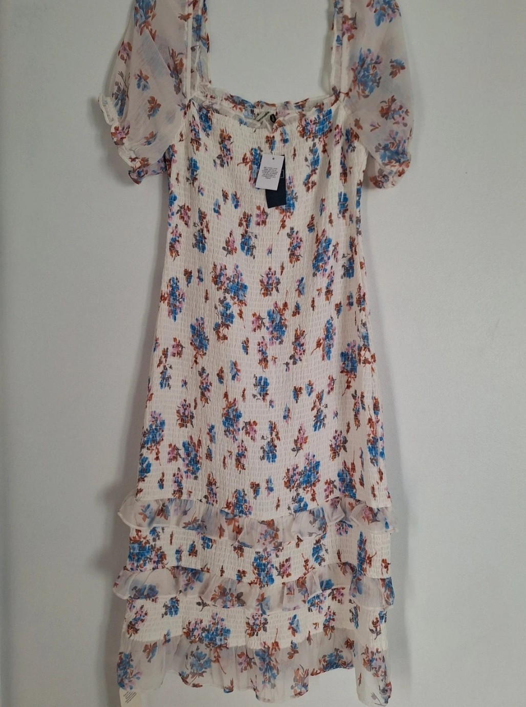 Abercrombie & Fitch Floral Smocked Midi Dress Size L Square Neck Sheer Sleeves