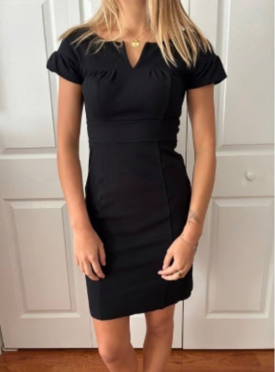 Banana Republic Womens 8 Black Solid Sheath Knee Dress Cap Sleeve V-Neck Zip