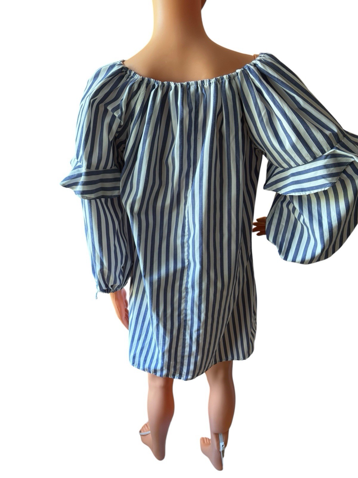 Style Envy Blue White Striped Off Shoulders Shift Dress Ruffle Sleeve Women’s L