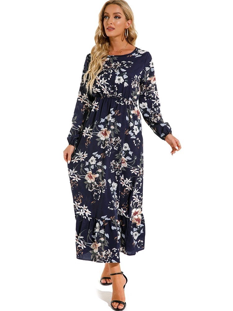 Spring summer Women Maxi dress Long sleeves Printed–M–Chest: 40 inches