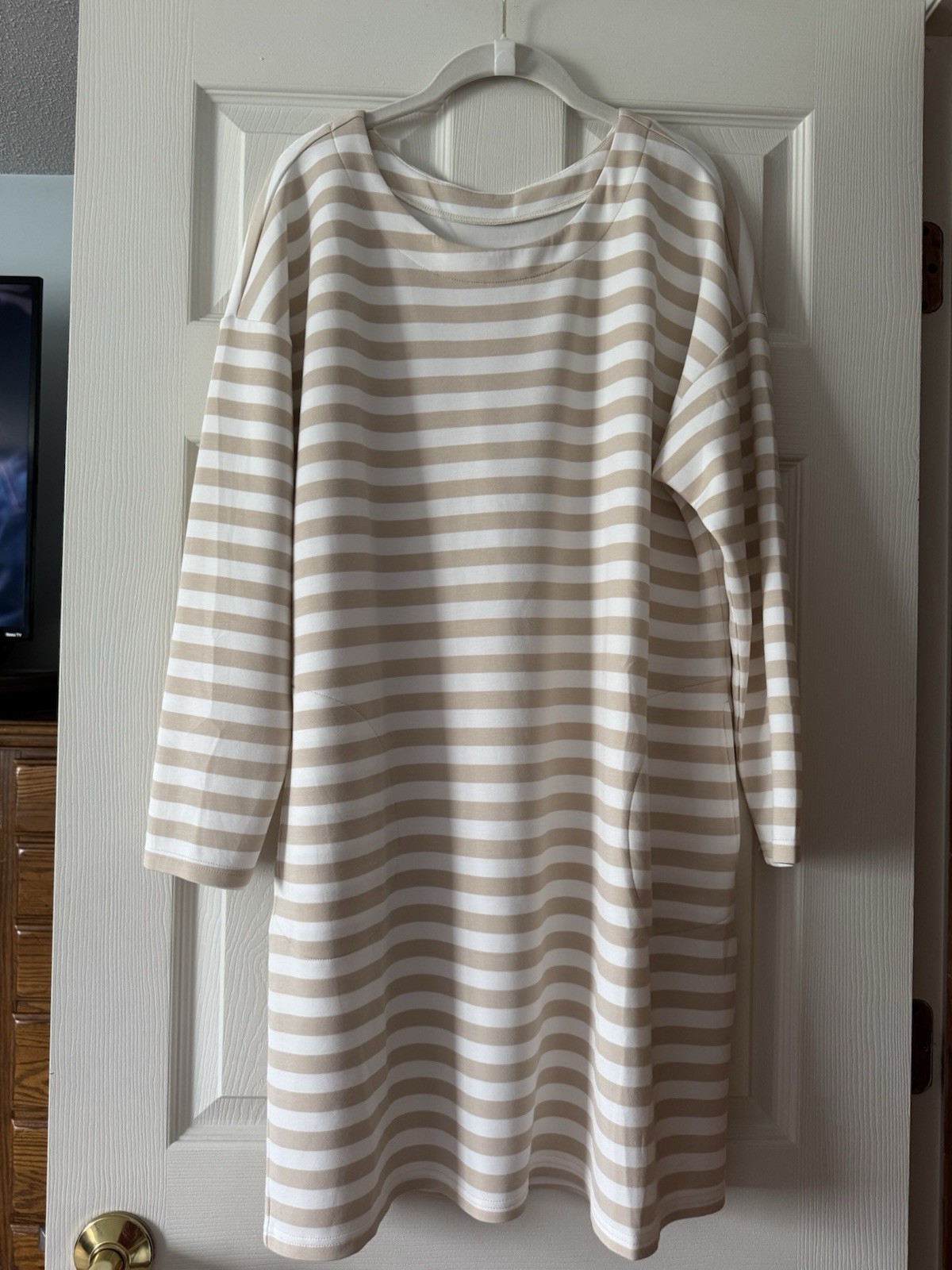 NWOT Belle By Kim Gravel Petite XL Scubaluxe Dress w/ Pockets Sandbar Stripe
