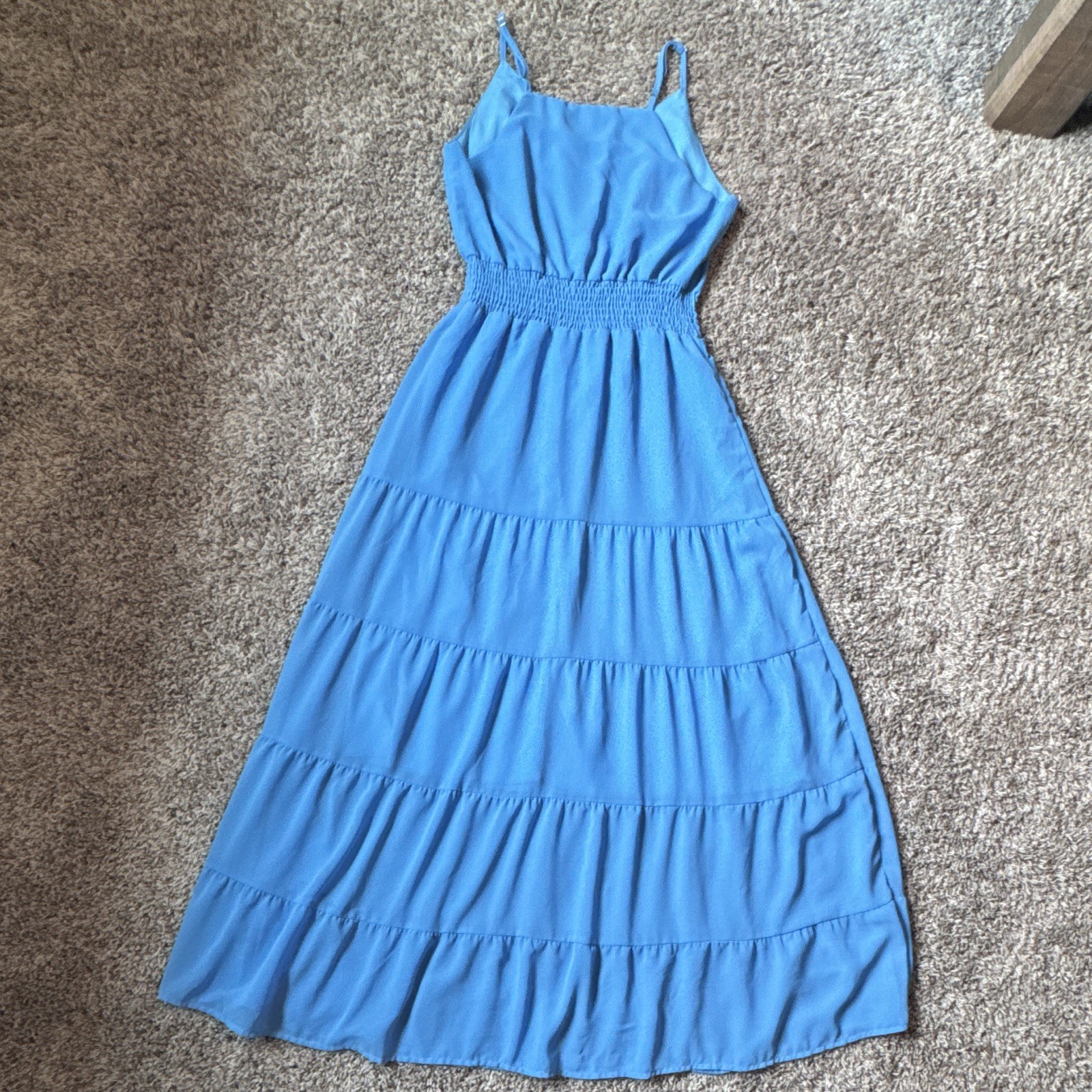 PRETTYGARDEN Blue Solid Maxi Dress S Sleeveless V-Neck Button Front Smocked