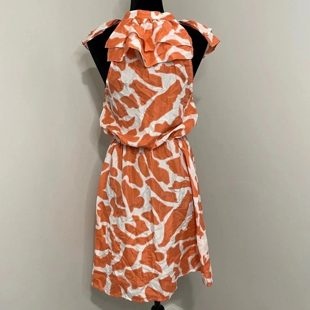 Ann Taylor Loft 100% Silk Coral and White Geometric Ruffle Sleeve Mini Dress