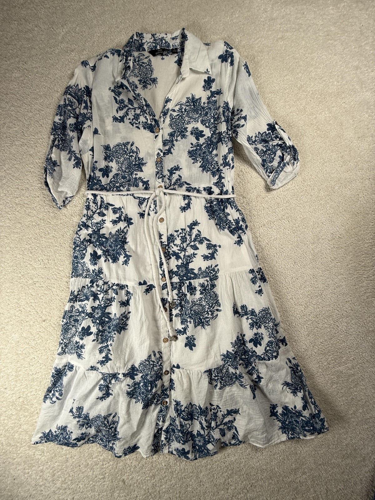 Mlle Gabrielle Dress Womens L White Blue Floral Shirt Midi Belted Boho