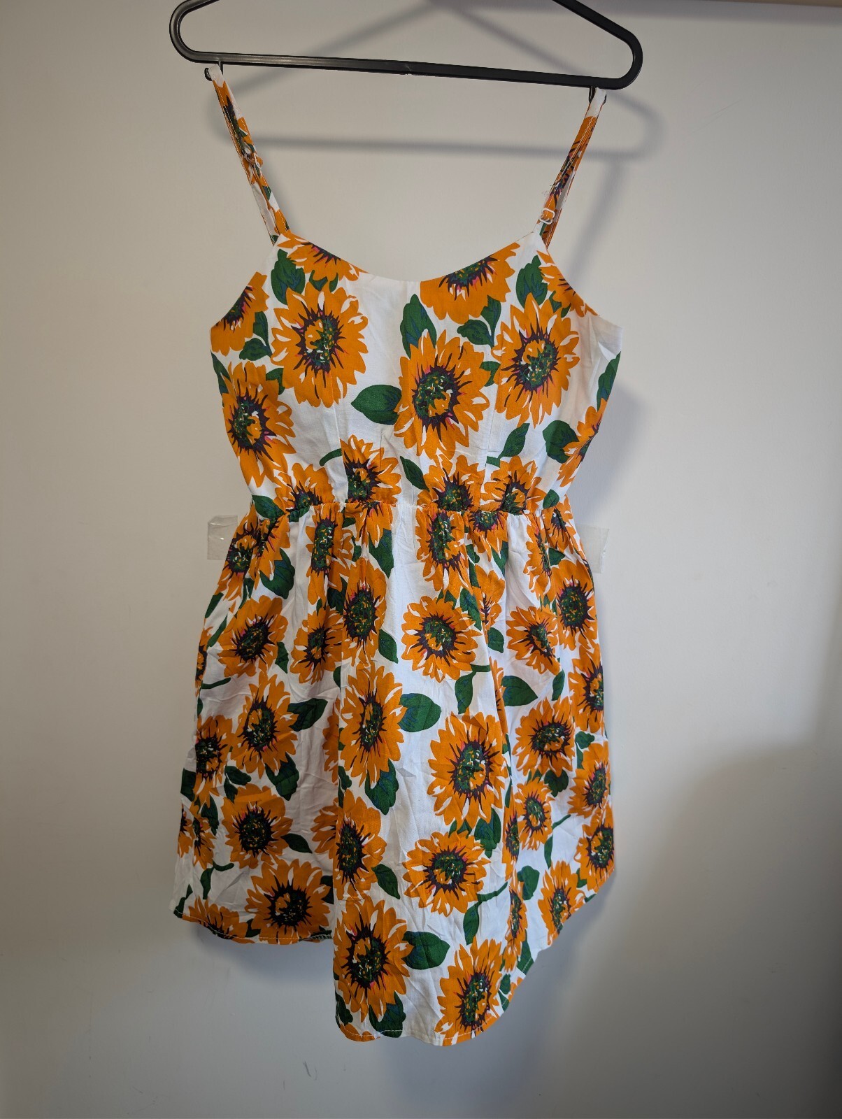 Sunflower Print Strappy Mini Dress White Yellow Lace Up Back UK 8/10