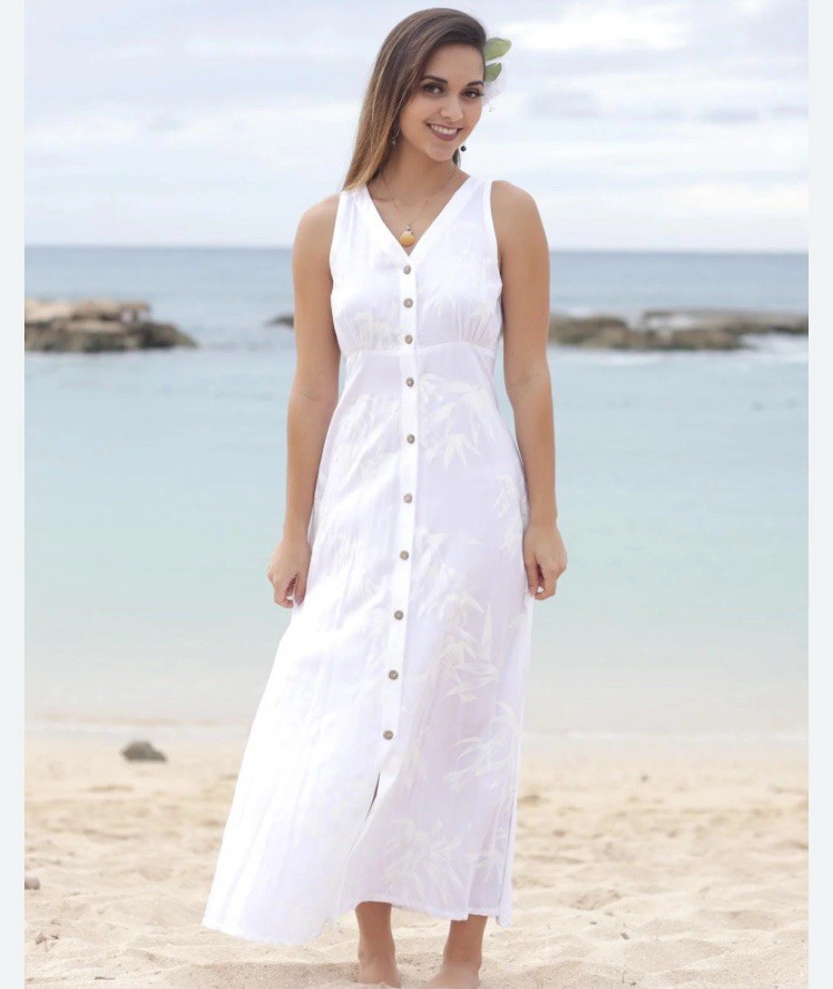 White Long Maxi Hawaiian bottom Front Dress Bamboo Print Size L