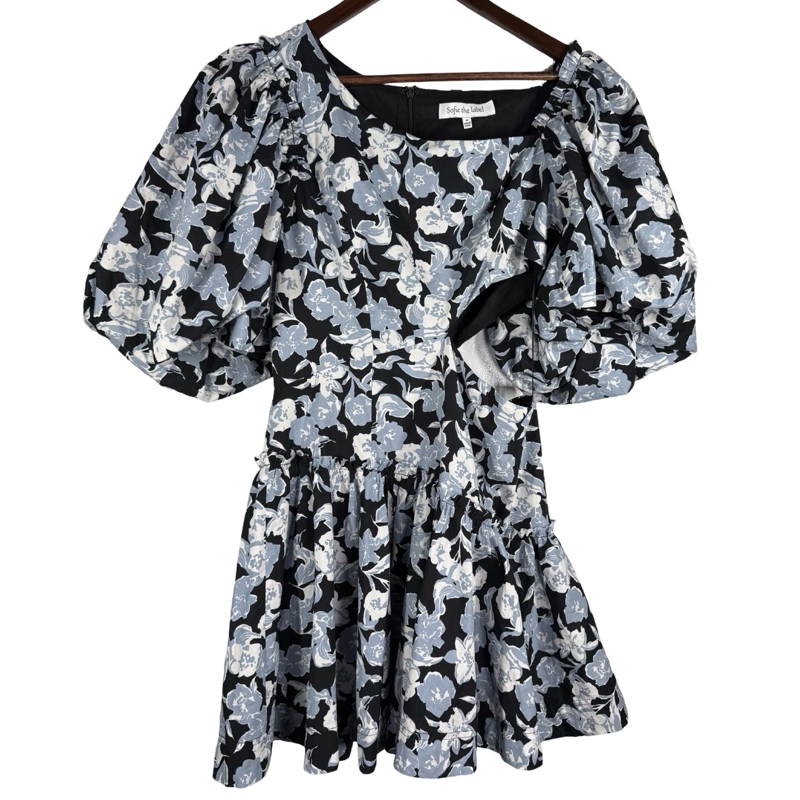Sofie the Label Floral Puff Sleeve Cutout Mini Dress Black Blue White S1106D
