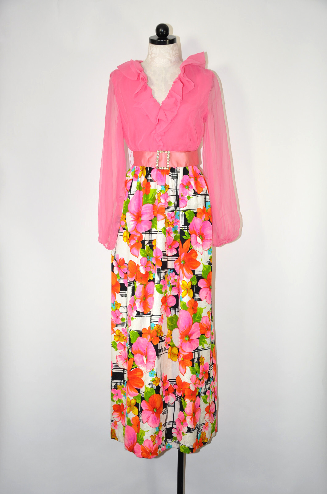 Vtg 1960s Pink Tropical Floral Bishop Sleeves Ruffled Maxi Dress Evening Gown S