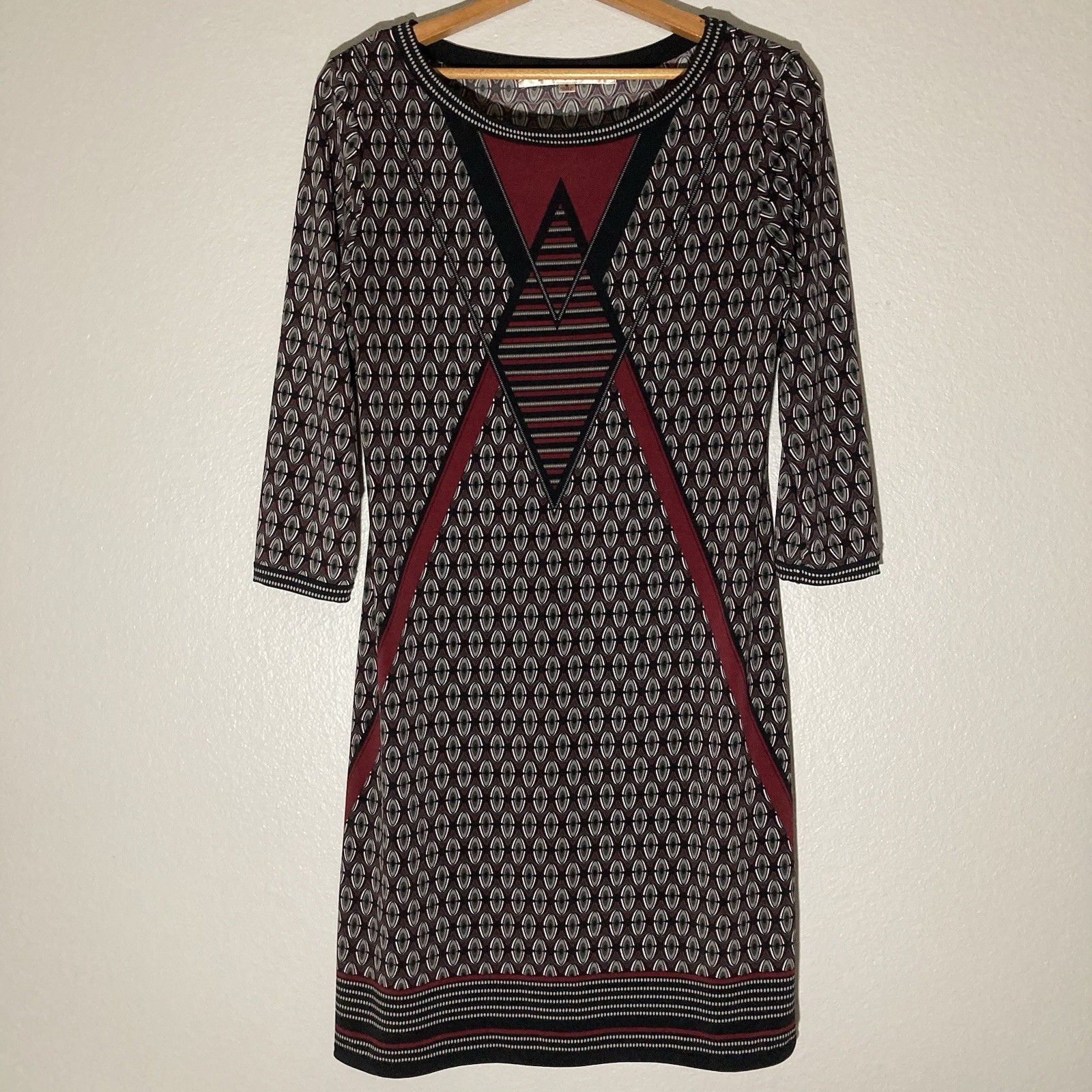 Max Studio Mixed Print Sheath Dress S Wine Black Jersey Stretch Geometric Print